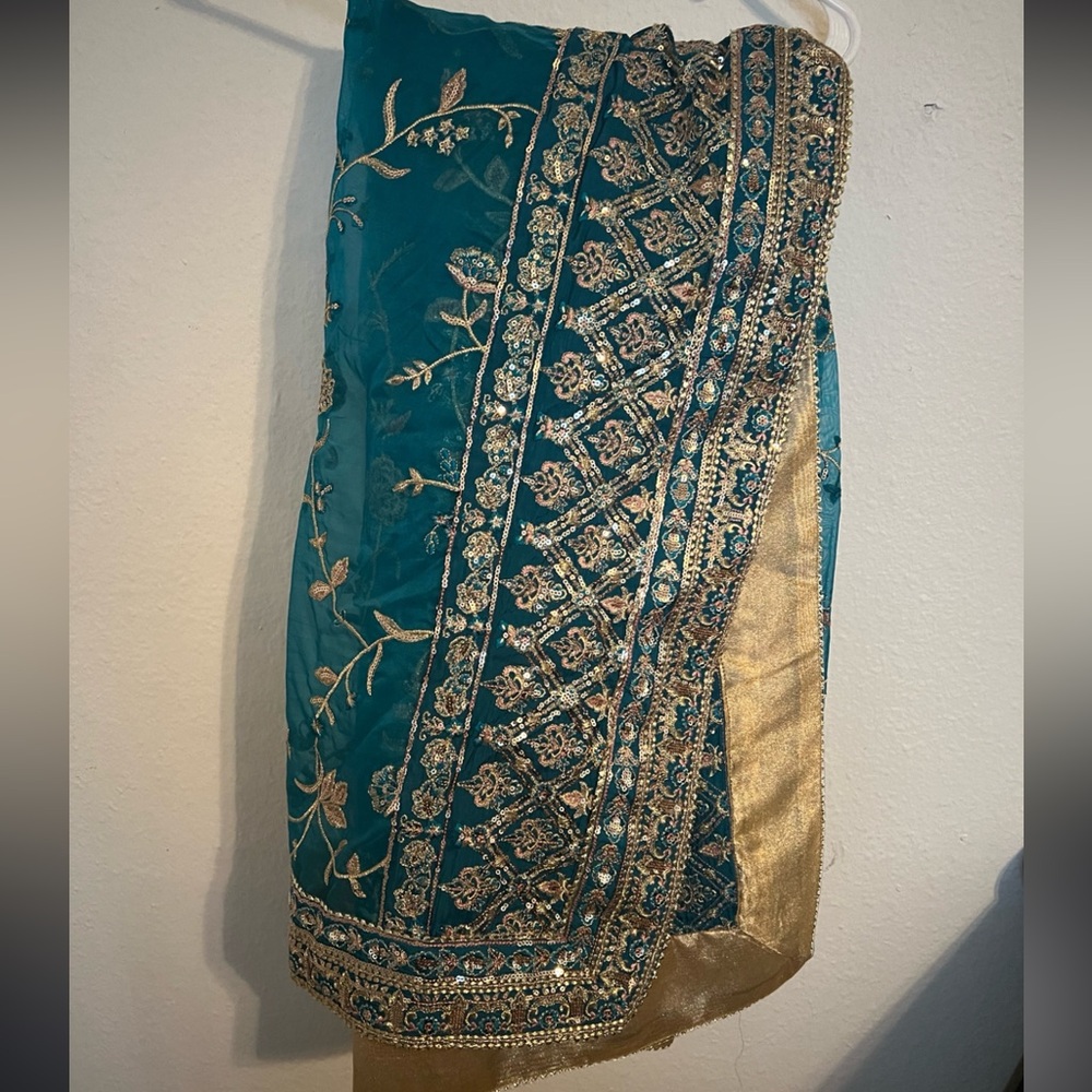 Elegant Teal and Gold Embroidered Wedding Dress Pakistani dress